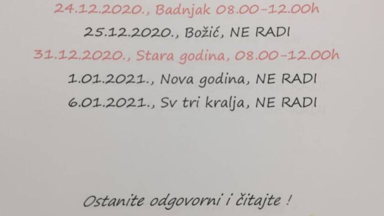 Obavijest o blagdanskom radnom vremenu